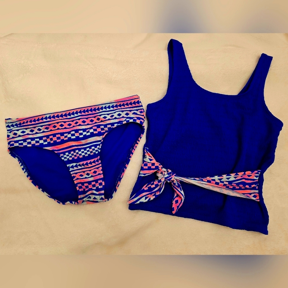 Justice Girls Blue Tankini Set with Pink & Aqua Tribal Print